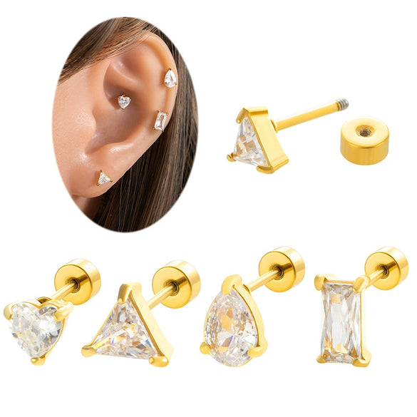 Wholesale Metal Fashion Flower Styling Stainless Steel Triangle Square Zircon Electroplated Women's Cartilage Puncture Ear Nail