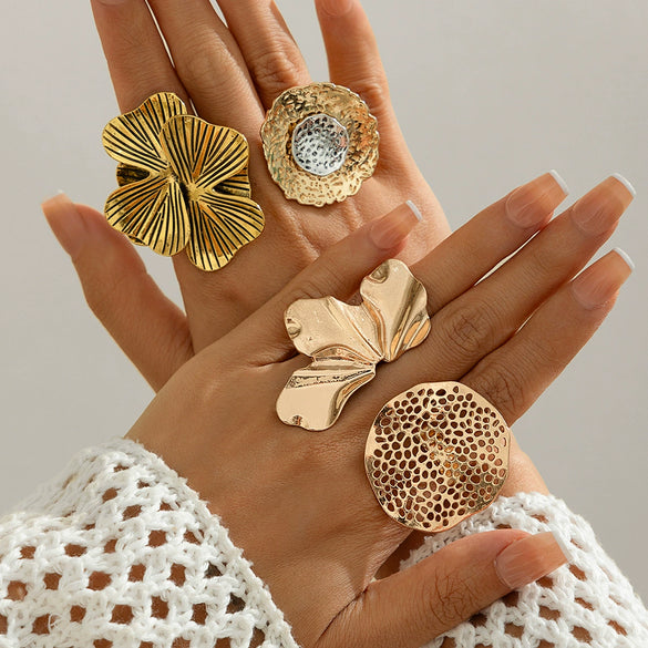 Wholesale Metal Geometric Leaf Retro Style Ring With Electroplating