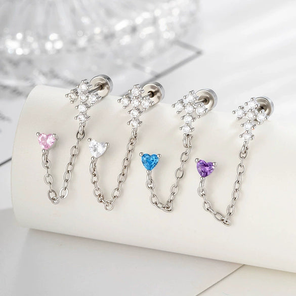 Wholesale Metal Heartshaped Zircon Microinlaid Cross Double Ear Hole Cartilage Piercing Ear Bone Nail For Unisex
