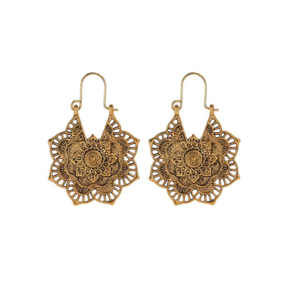 Wholesale Metal Hollow Flower Earrings With Geometric Pattern Retro Bohemian Style Electroplated
