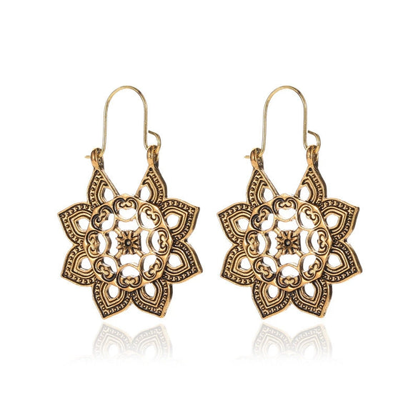 Wholesale Metal Hollow Flower Earrings With Geometric Pattern Retro Bohemian Style Electroplated