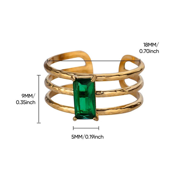 Wholesale Metal Imitation Emerald Inlaid Zircon Geometric Ring For Women Retro Fashion Style Copper Material Electroplating Treatment