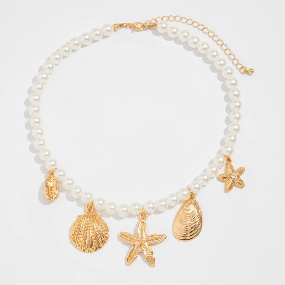 Wholesale Metal Imitation Pearl Star Geometric Clavicle Necklace With Electroplating For Women