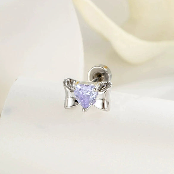 Wholesale Metal Inlaid Heart Zircon Candy Bow Screw Twist Rod Piercing Earrings Unisex