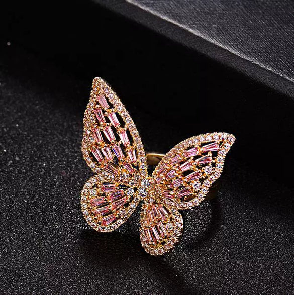 Wholesale Metal Microinlaid Zircon Butterfly Open Ring With Electroplating For Women
