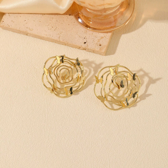 Wholesale Metal Niche Style Hollow Spiral Pattern Butterfly Earrings Gold Plated
