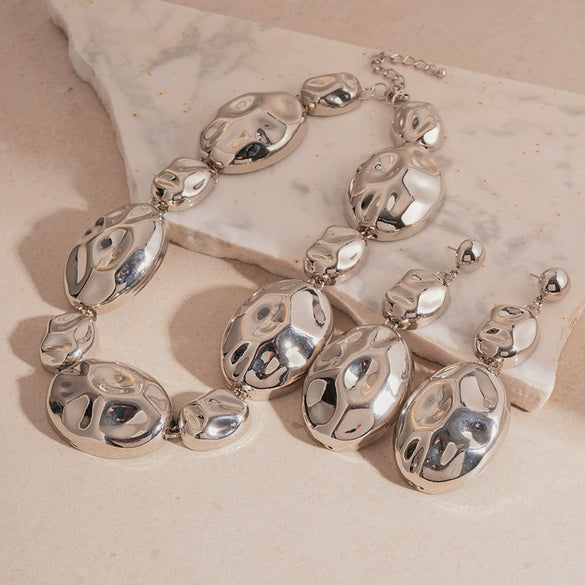 Wholesale Metal Oval Earrings And Necklace Set With Cross Crown Roman Numerals Pattern For Women Electroplated Light Luxury Style Clavicle Chain