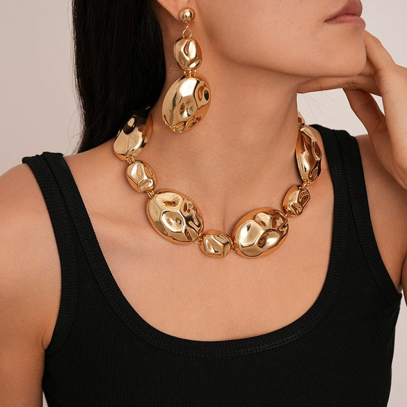 Wholesale Metal Oval Earrings And Necklace Set With Cross Crown Roman Numerals Pattern For Women Electroplated Light Luxury Style Clavicle Chain