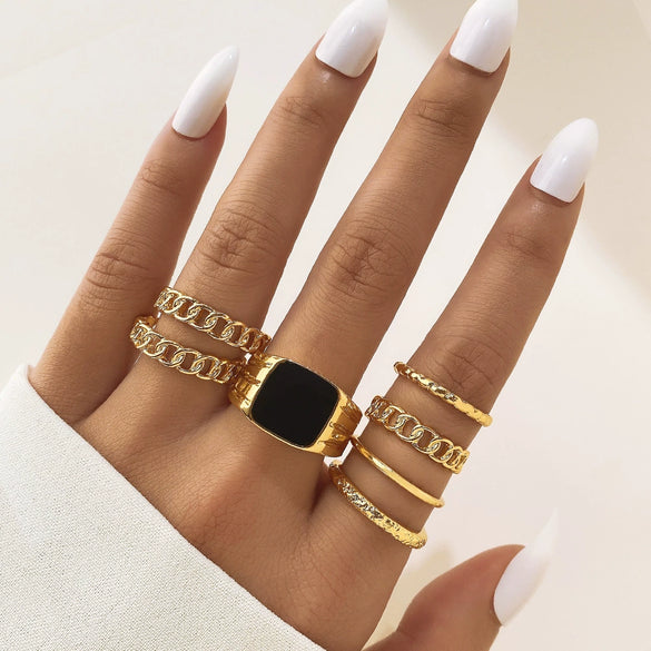 Wholesale Metal Retro Geometric Oval Finger Ring Set With Black Gemstone For Women