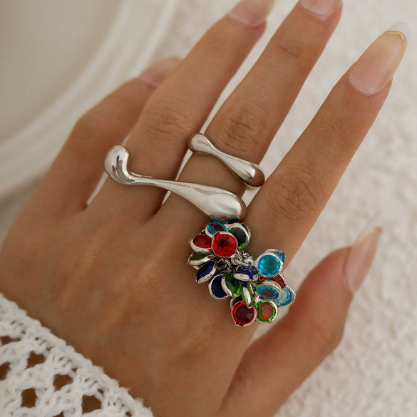 Wholesale Metal Ring With Colored Gemstone Pendant Tassel Design Bohemian Style Heart Shape And Geometric Pattern Electroplated