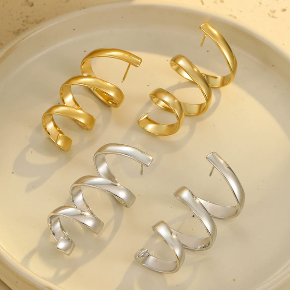 Wholesale Metal Stainless Steel Geometric Wave Spiral Electroplated Earrings For Women Retro Cool Style