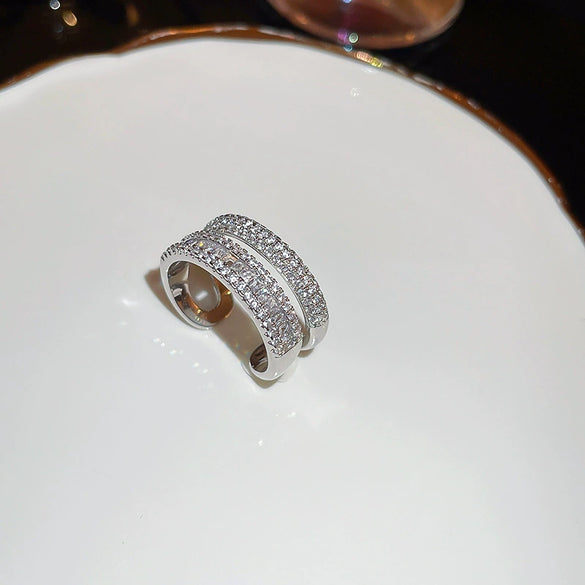 Wholesale Metal Zircon Pearl Double Layer Opening Finger Ring With Geometric Design