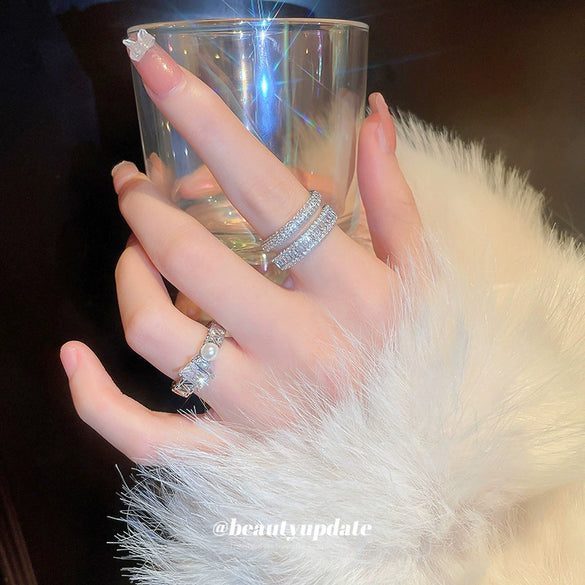 Wholesale Metal Zircon Pearl Double Layer Opening Finger Ring With Geometric Design