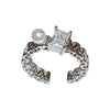 Wholesale Metal Zircon Pearl Double Layer Opening Finger Ring With Geometric Design