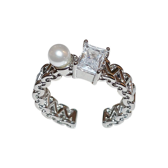 Wholesale Metal Zircon Pearl Double Layer Opening Finger Ring With Geometric Design