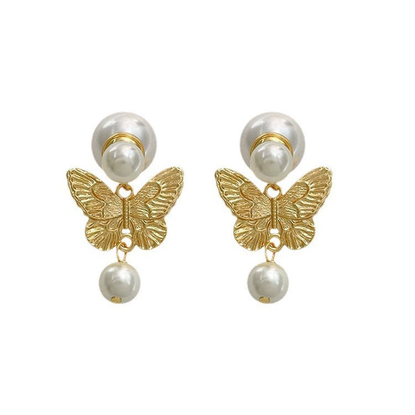 Wholesale Metallic Butterfly Pearl Earrings Zinc Alloy Animal Pattern Electroplating Light Luxury Style For Women