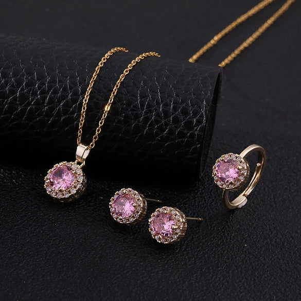 Wholesale Micro Inlay Color Zircon Gold Plated Copper Jewelry Set With Round Necklace Ring Earrings In Geometric Design