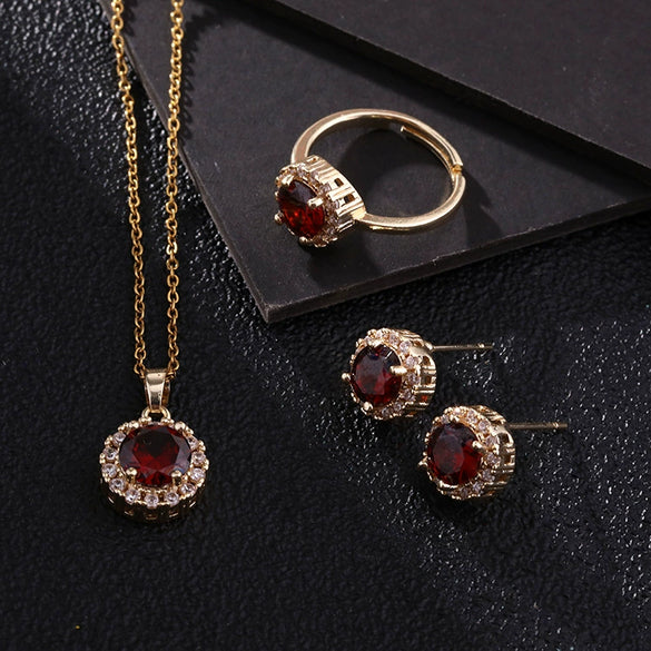 Wholesale Micro Inlay Color Zircon Gold Plated Copper Jewelry Set With Round Necklace Ring Earrings In Geometric Design