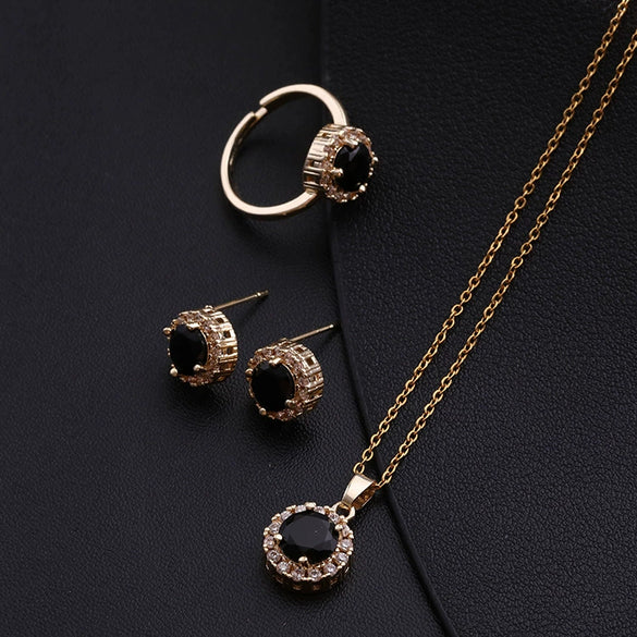 Wholesale Micro Inlay Color Zircon Gold Plated Copper Jewelry Set With Round Necklace Ring Earrings In Geometric Design