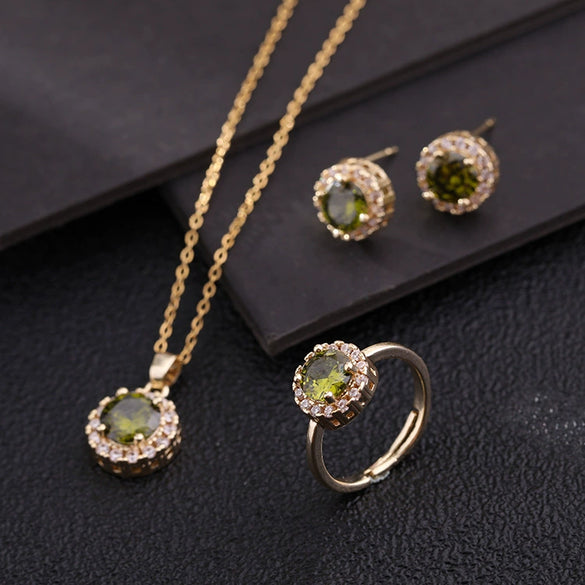 Wholesale Micro Inlay Color Zircon Gold Plated Copper Jewelry Set With Round Necklace Ring Earrings In Geometric Design