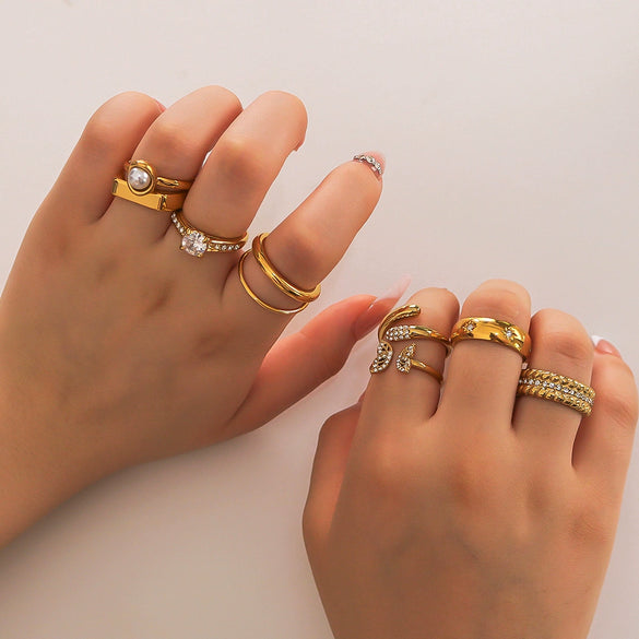 Wholesale Microencrusted Diamond Stainless Steel Doublelayer Pearl Simple Ring Set Geometric Shape Electroplated Hand Jewelry Unisex