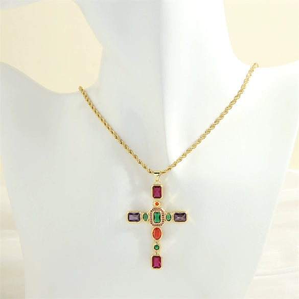 Wholesale Microinlaid Colorful Zirconium Cross Necklace In Niche Ins Style Light Luxury Gold Plated Made Of Copper With Cable Chain For Women