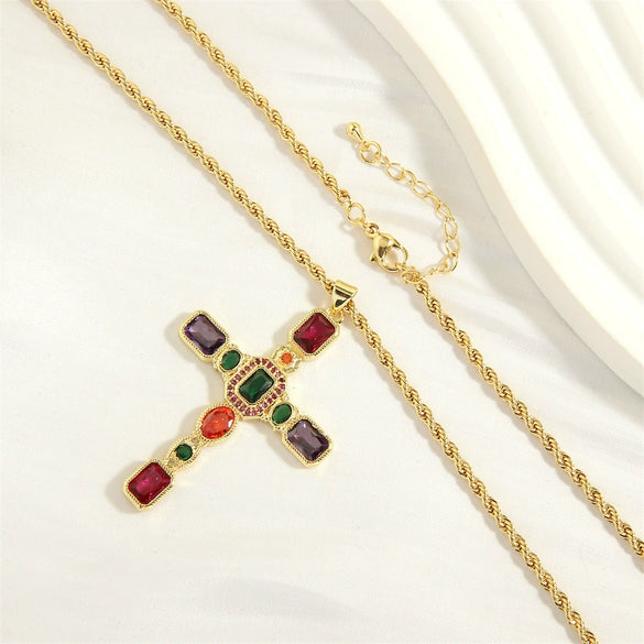 Wholesale Microinlaid Colorful Zirconium Cross Necklace In Niche Ins Style Light Luxury Gold Plated Made Of Copper With Cable Chain For Women