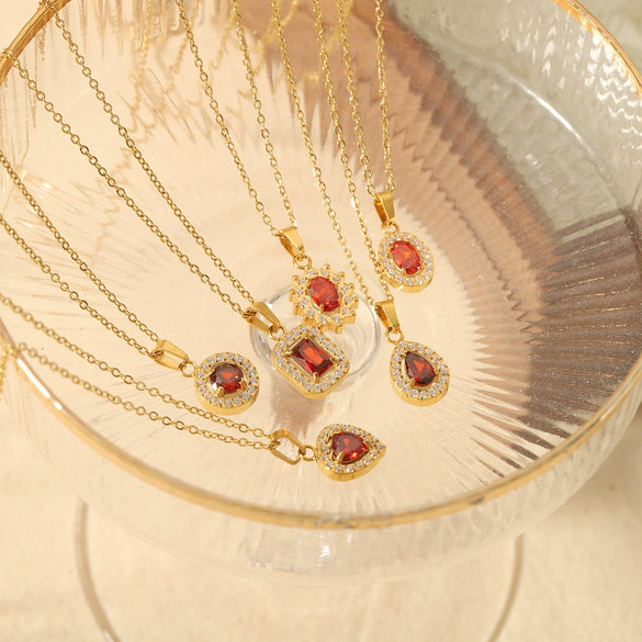 Wholesale Microinlaid Zircon And Ruby Necklace Stainless Steel And Titanium Steel With Geometric Style Electroplating For Women