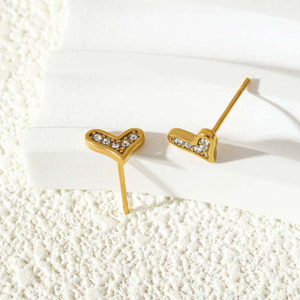 Wholesale Microstudded Diamond Heartshaped Stainless Steel Earrings 18K Vacuum Goldplated Geometric Style Polish