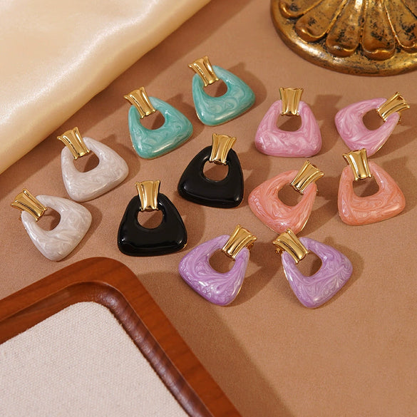 Wholesale Midcentury Style Simple Dopamine Color Geometric Trapezoid Hollow Stamped Stainless Steel Earrings Unisex Jewelry