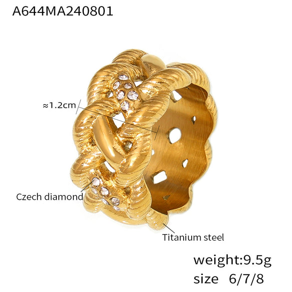 Wholesale Middle Ancient Vintage Twisted Rope Diamond Hollow Twist Ring In Geometric Pattern Titanium Steel Plated With 18K True Gold For Women