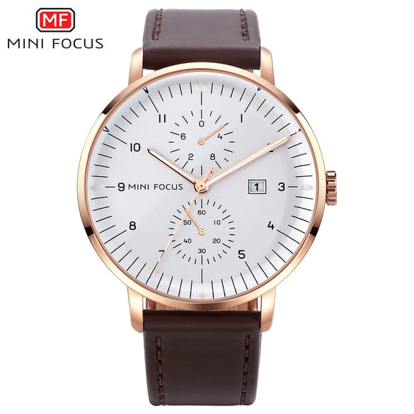 Wholesale Mini Focus Luminous Waterproof Business Men's Watch With Round Dial Genuine Leather Strap Alloy Case Mineral Reinforced Glass Mirror And Stainless Steel Buckle