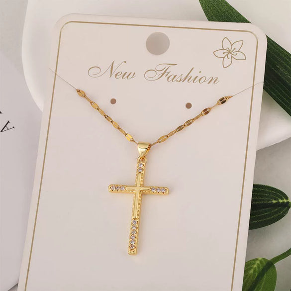 Wholesale Minimalist Copper Pendant Lip Necklace With Micropaved Star And Moon Cross Design