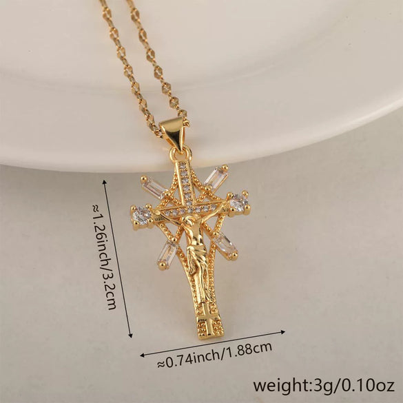 Wholesale Minimalist Copper Pendant Lip Necklace With Micropaved Star And Moon Cross Design