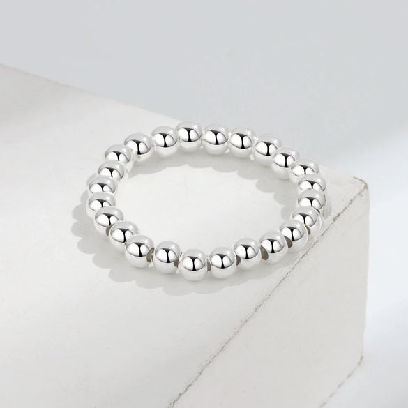 Wholesale Minimalist Elastic Rope Lucky Beads Handmade Beaded Round Geometric S925 Sterling Silver Ring For Women
