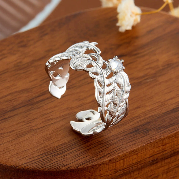 Wholesale Minimalist Feathershaped 925 Silver Ring With Polished Electroplating And Brushed Craft Unisex