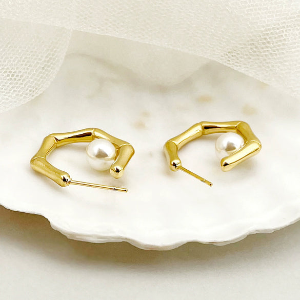 Wholesale Minimalist Geometric Bamboo Pearl Earrings Stainless Steel 14K Gold Plated