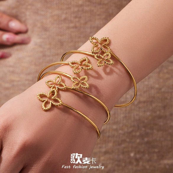 Wholesale Minimalist Geometric Double Flower Hollow Open Bracelet Stainless Steel 18K Gold Plated Jewelry Accessories