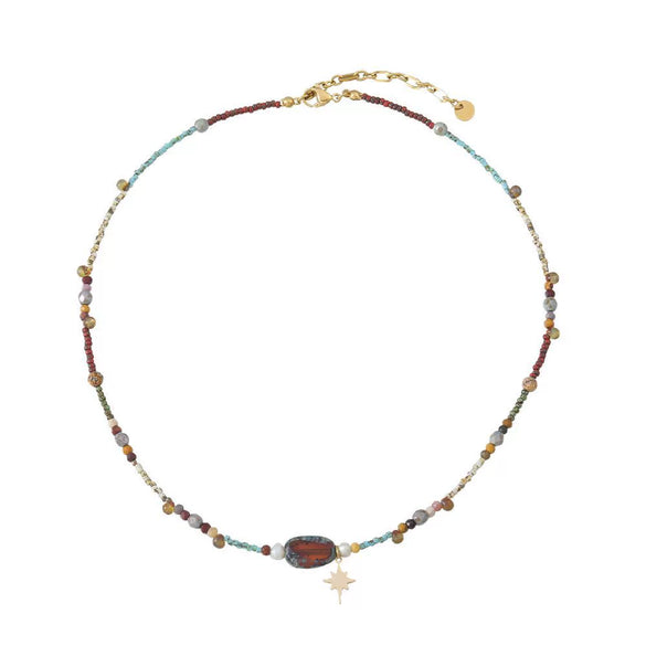 Wholesale Minimalist Geometric Red Agate Blue Pine Czech Beads Gold Sand Stone Stainless Steel Electroplating Clavicle Chain Necklace