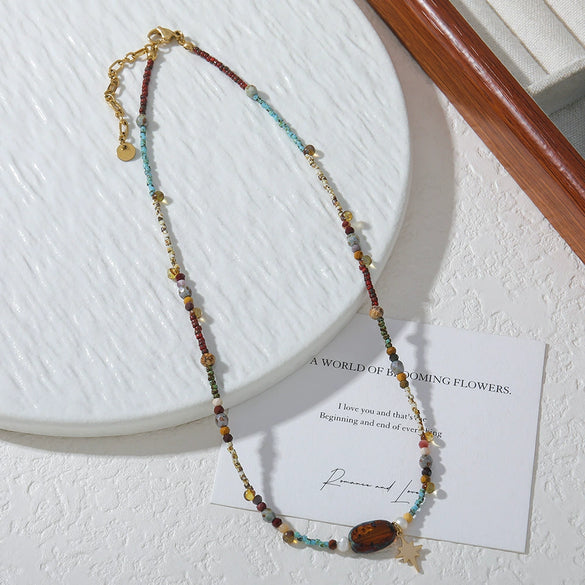 Wholesale Minimalist Geometric Red Agate Blue Pine Czech Beads Gold Sand Stone Stainless Steel Electroplating Clavicle Chain Necklace