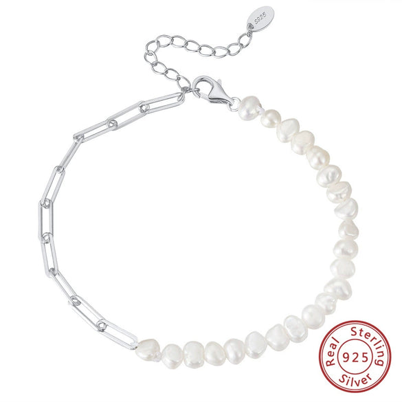 Wholesale Minimalist Geometric S925 Silver Natural Freshwater Pearl Bracelet With Electroplating And Metal Chain