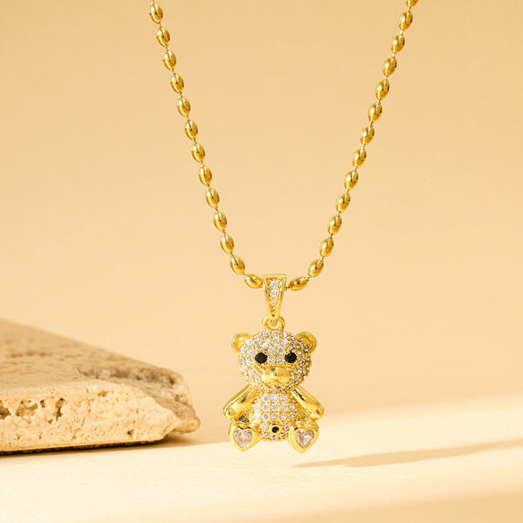 Wholesale Minimalist Geometric Stainless Steel Bear Pendant Necklace With Mixed Gemstone Inlay And Electroplating For Women