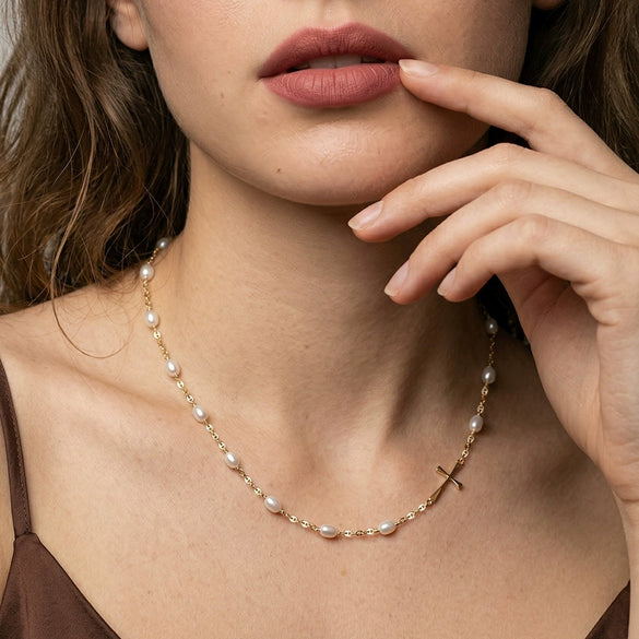 Wholesale Minimalist Geometric Starry Pearl Cross Chain Necklace For Women Made Of 925 Silver With Electroplating Design
