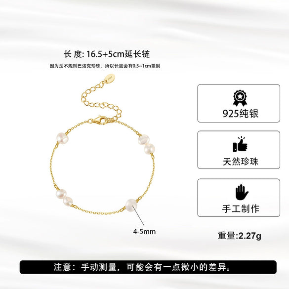 Wholesale Minimalist Geometric 925 Sterling Silver Freshwater Cultured Pearl Bracelet With 14K Gold Plating Jewelry