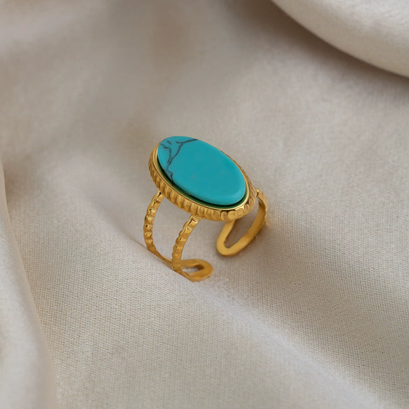 Wholesale Minimalist Geometric Style Women's Open Ring Natural Stone Stainless Steel 18K Gold Plated Jewelry