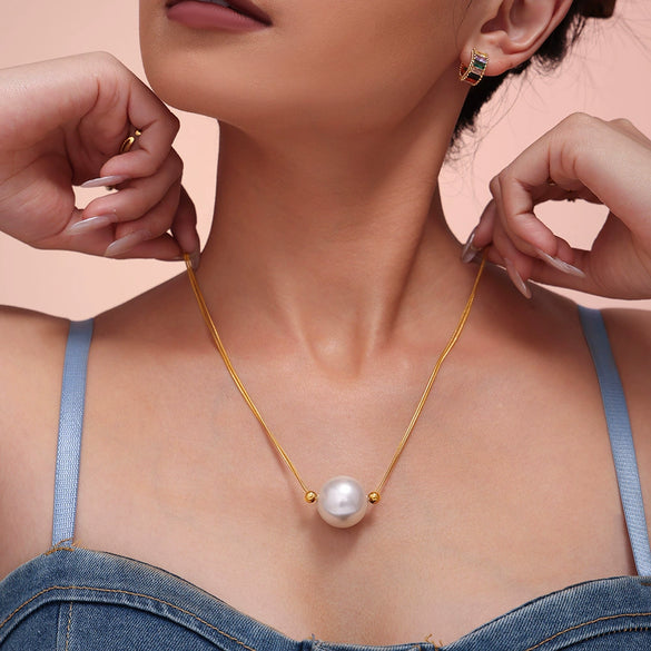 Wholesale Minimalist Geometric Titanium Steel And Shell Beads Single Large Bead Pendant Necklace With Electroplating For Women