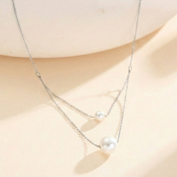 Wholesale Minimalist Geometric Titanium Steel Electroplated Calendering Chain Pearl Necklace For Women