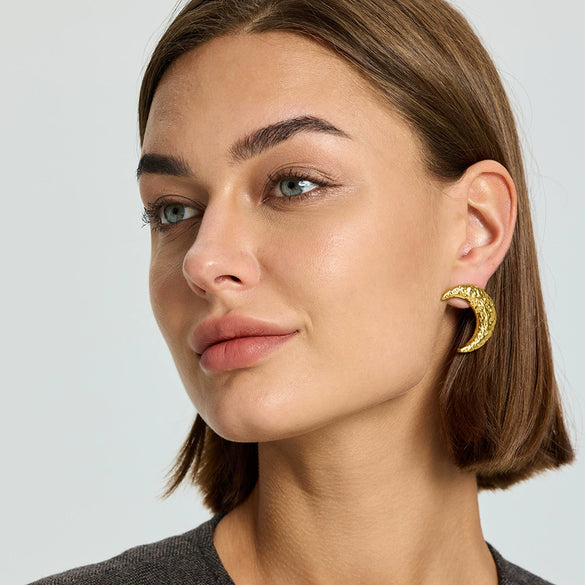 Wholesale Minimalist Ins Style Geometric Stainless Steel 18K Gold Plated Hammered Moon Earrings For Women