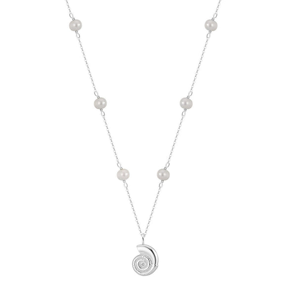 Wholesale Minimalist Natural Style Silver Clavicle Chain With Freshwater Rice Beads And Beach Conch Pendant Electroplated S925 Sterling Silver Necklace For Women