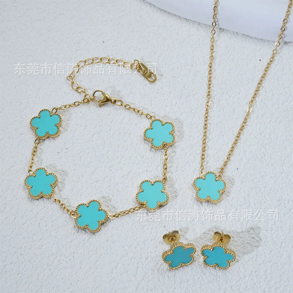 Wholesale Minimalist Plants And Flowers Style Titanium Steel 18K Electroplated Earrings Necklaces And Bracelets Set